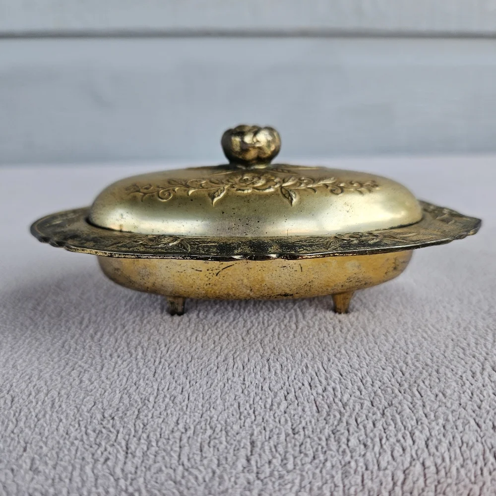 VTG Metal Engraved Footed Trinket Box Storage Footed Floral Japan Gold Patina